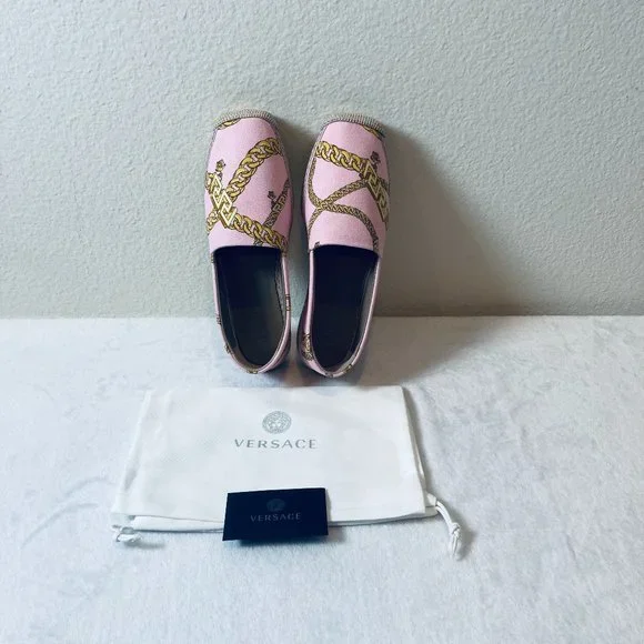 Versace Chain-Print Cotton Espadrille Loafers Pink Size 10B New In Box Authentic - Picture 5 of 13
